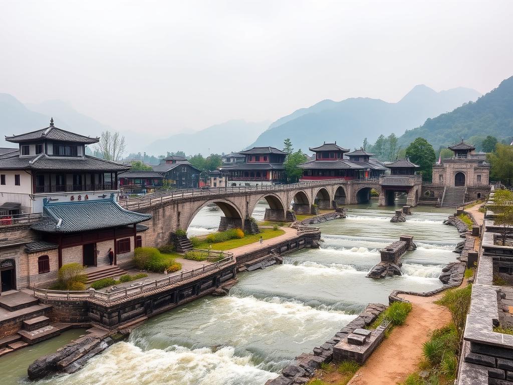 Ancient Dujiangyan Irrigation System with traditional architecture