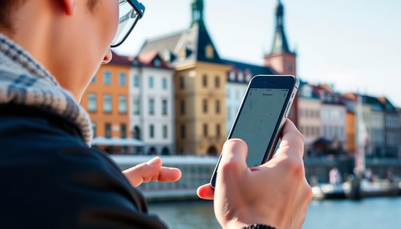 Tourist using smartphone for navigation in Stockholm, highlighting the importance of connectivity when visiting the best places in Sweden