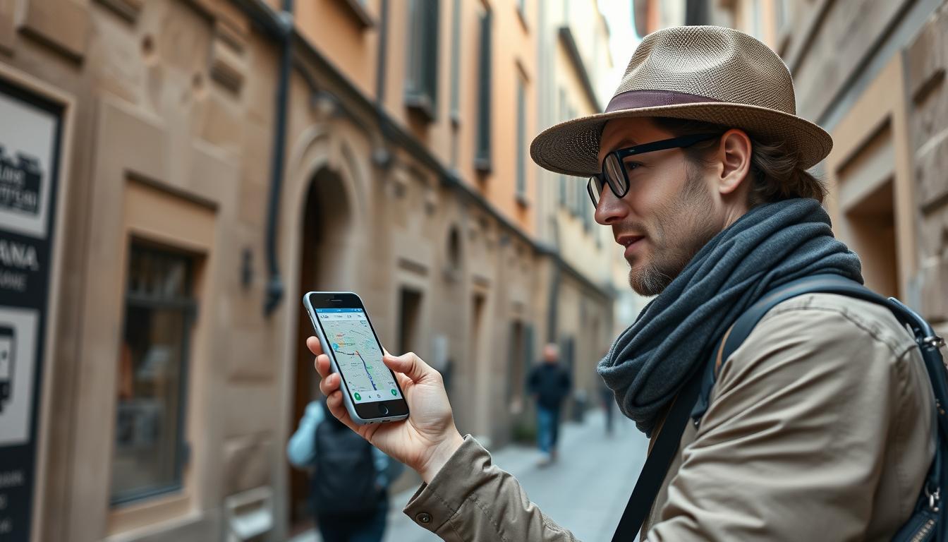 Tourist using smartphone for navigation while exploring Italian streets, representing travel tips for the best places to visit in Italy