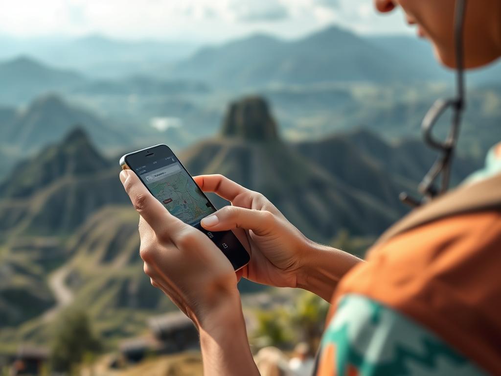 Tourist using smartphone with eSIM in remote Indonesia location, essential for navigating the best places in Indonesia