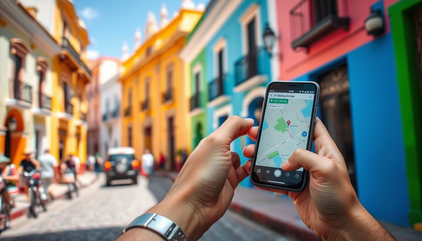Tourist using smartphone with eSIM to navigate in Mexico - essential travel tool for best places to visit in Mexico