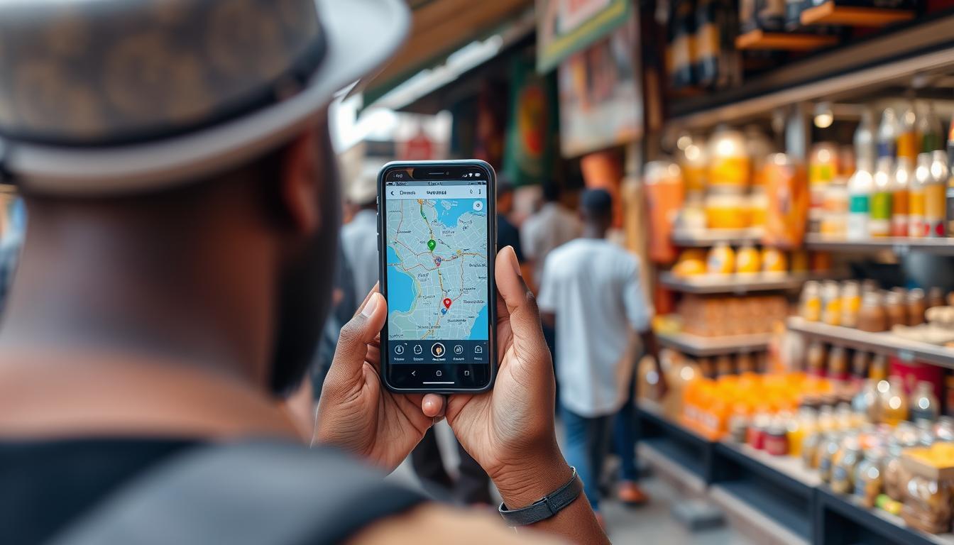 Tourist using smartphone with eSIM while exploring Lagos, representing connectivity needs when visiting best places in Nigeria