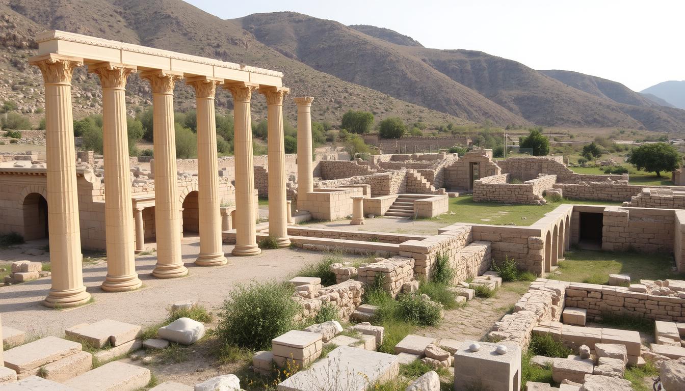 Archaeological ruins at Pella with columns and ancient structures