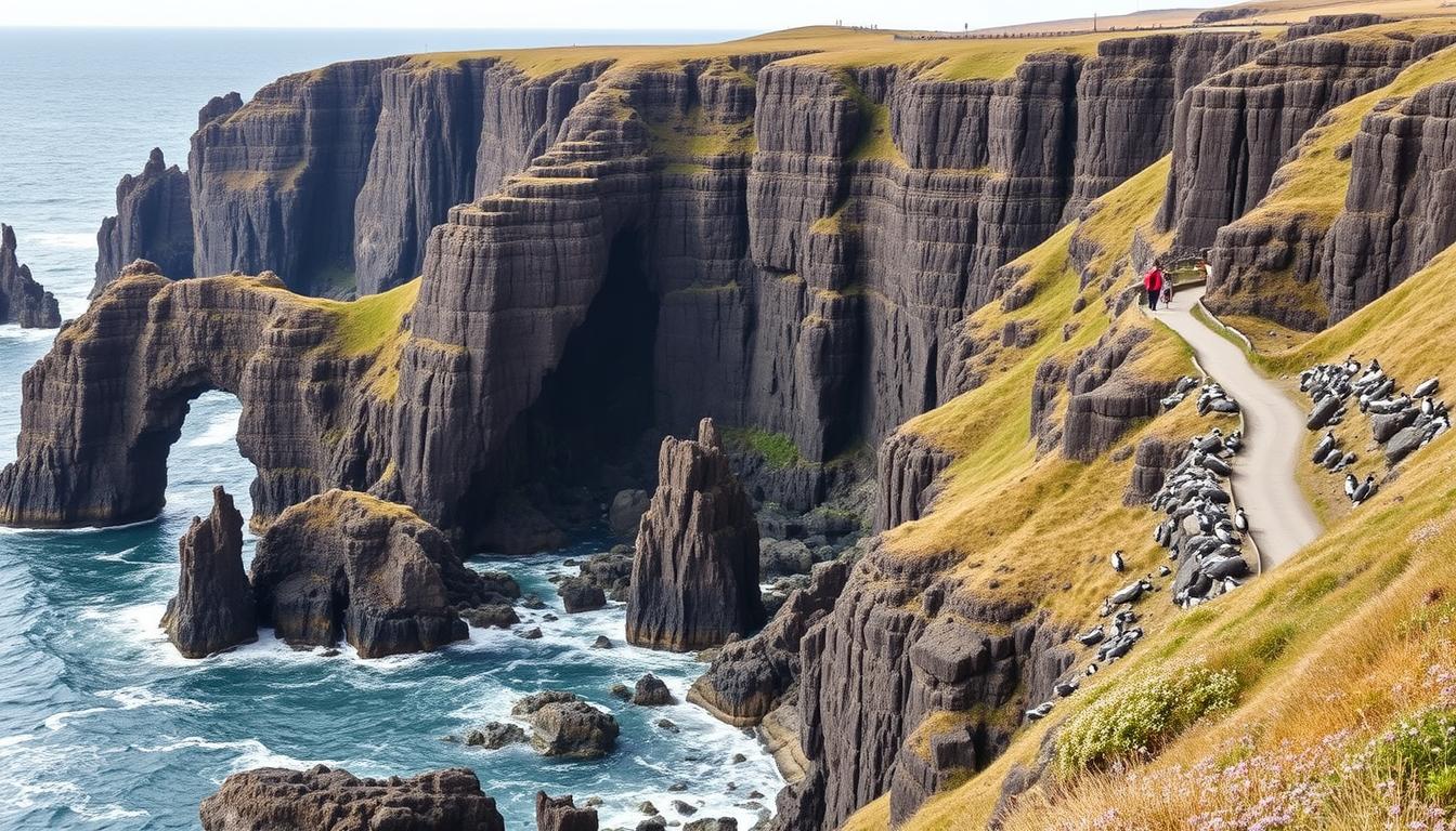 Arnarstapi basalt cliffs with sea arch and nesting birds