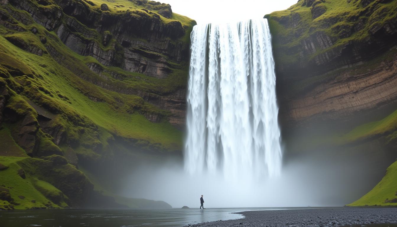 Dynjandi waterfall cascading down in multiple tiers with person for scale