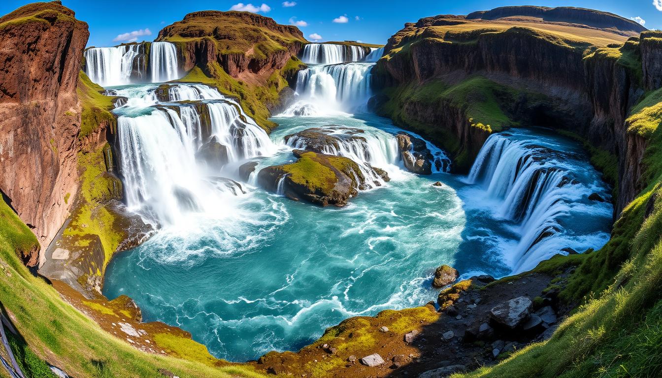 Goðafoss waterfall with its horseshoe shape and multiple cascades