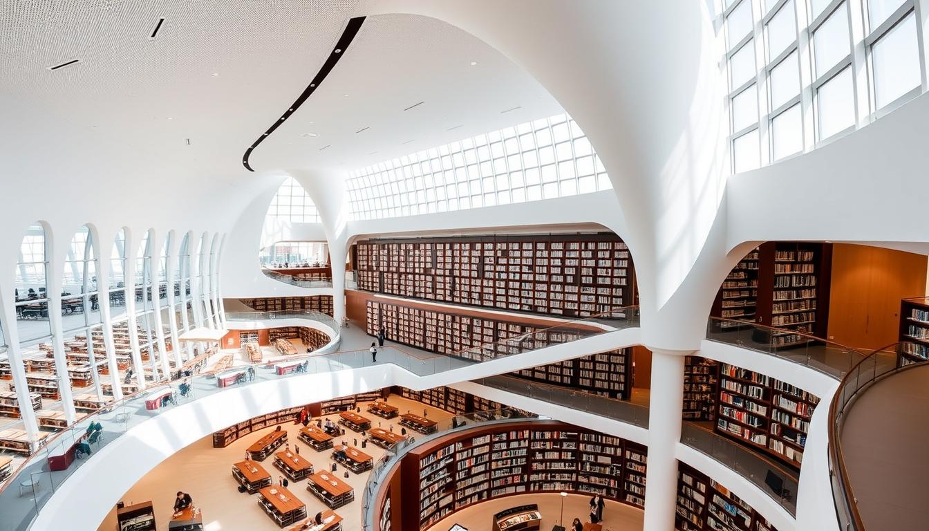 Interior of Qatar National Library showing its modern architecture with bookshelves and reading areas
