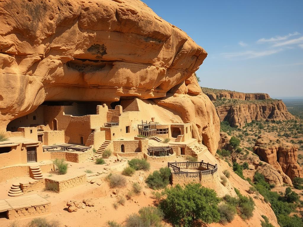 The remote Tellem cliff dwellings showing ancient abandoned structures built high in the Bandiagara cliffs
