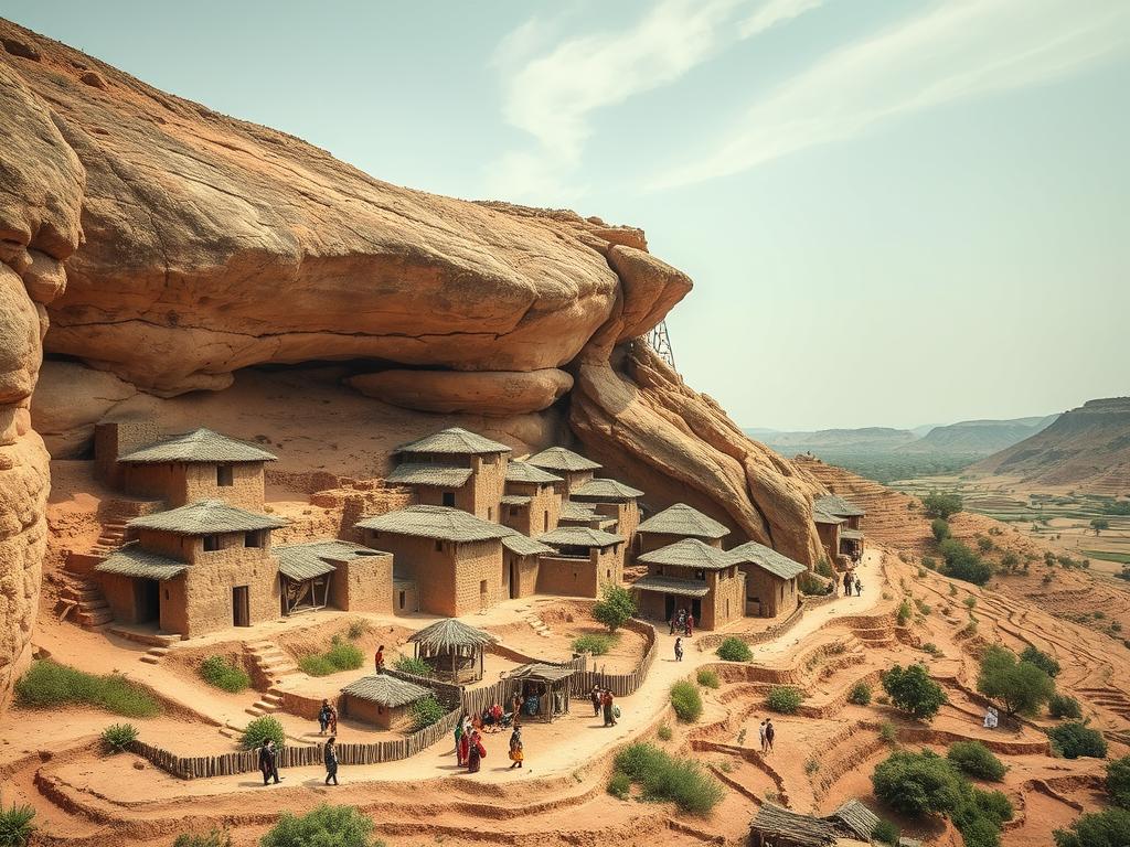 Traditional Dogon village built into the Bandiagara cliffs showing unique architecture and cultural practices