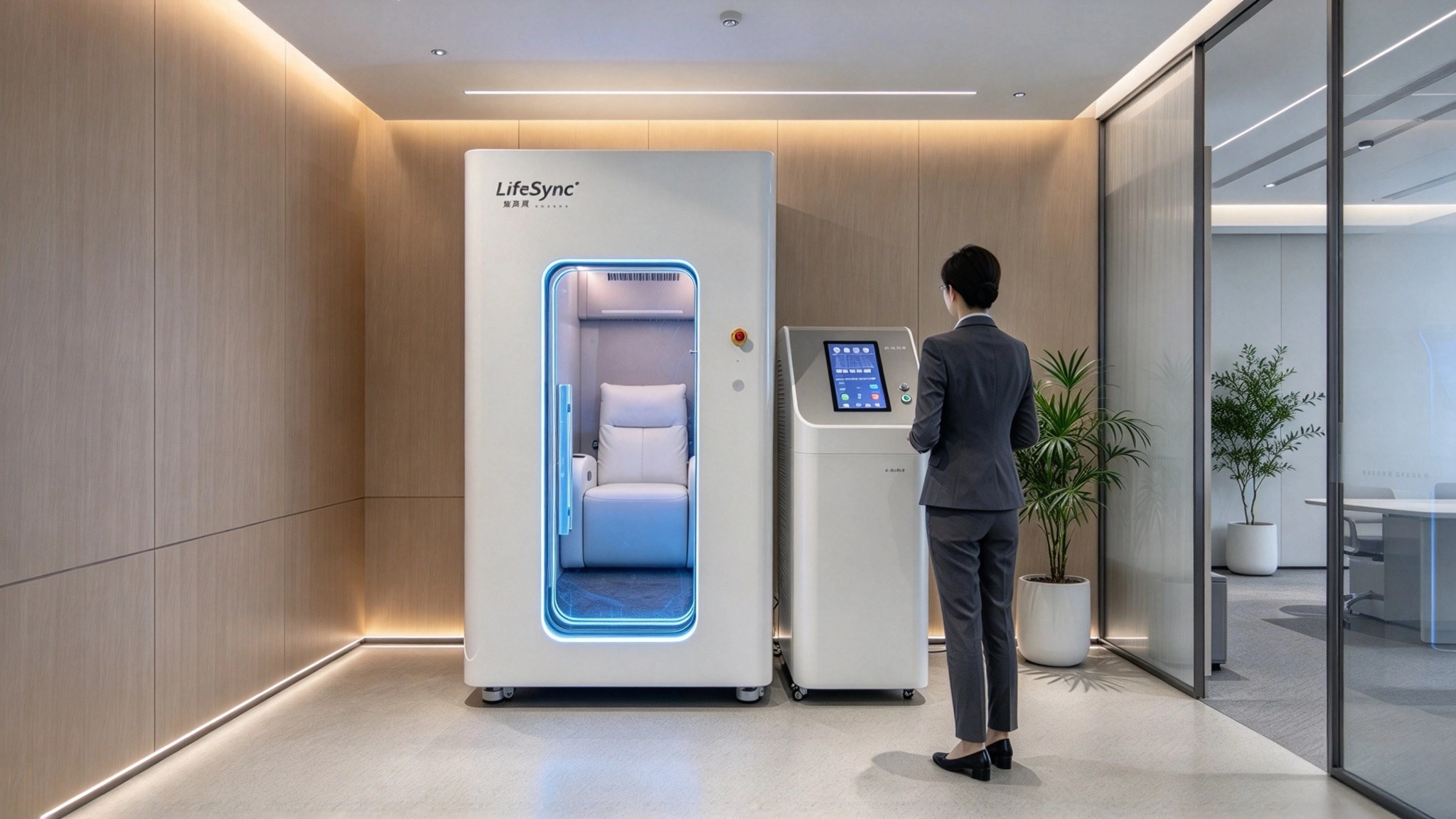 聪明界LifeSync微高压富氧舱，企业办公空间设备实景展示