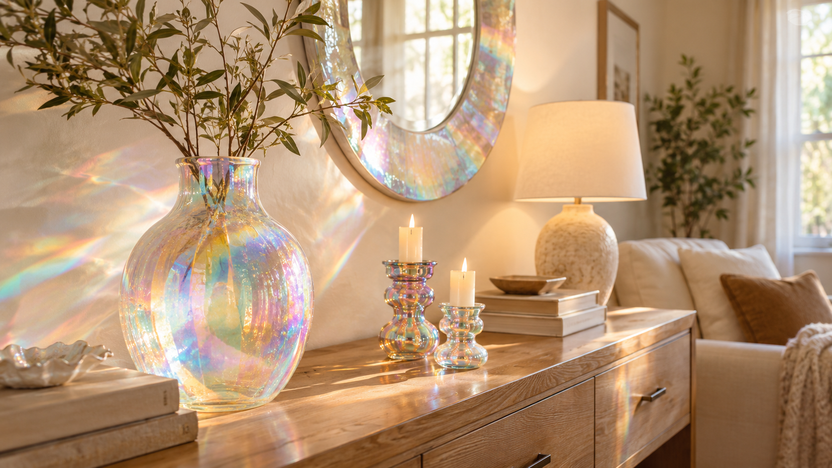Iridescent glass vase and holographic mirror styled on a wood console table with rainbow light reflections