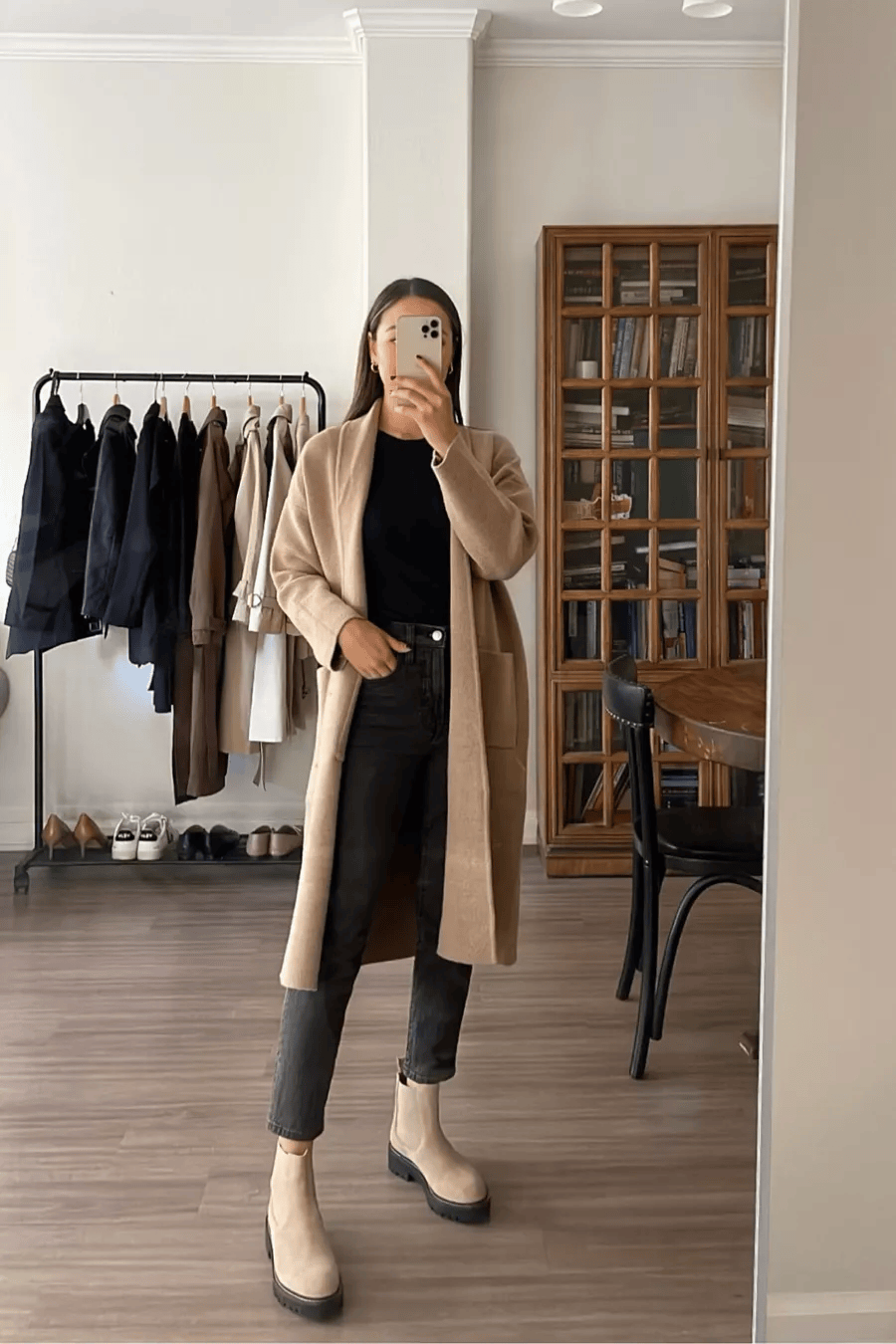 long cardigan coat mango with pockets jeans booties fall outfit