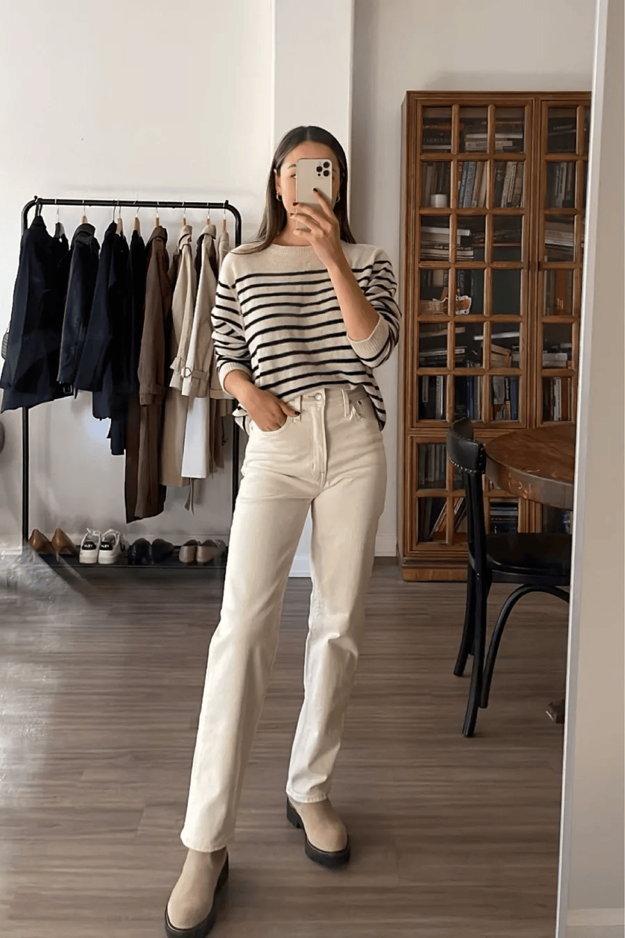 reformation striped sweater fall outfit booties white pants