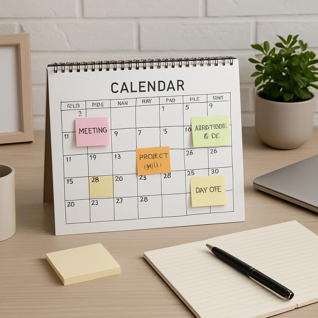 A desk calendar with a notebook, plant and laptop in the background.
