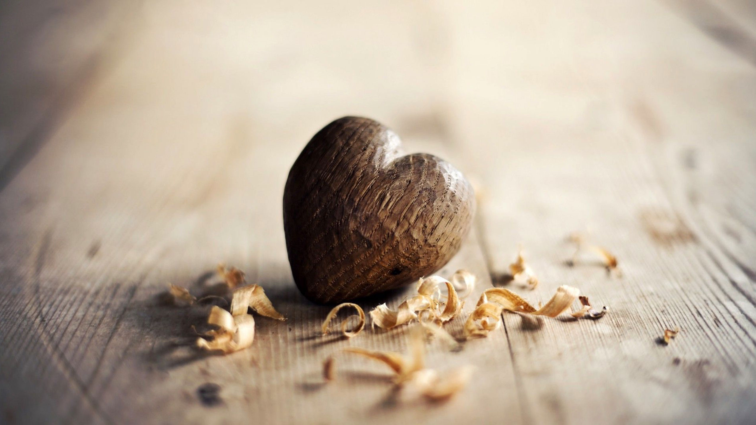 A carved wooden heart rests on a light-colored wooden surface, surrounded by scattered wood shavings. The image focuses on the intricately carved heart, highlighting its texture and craftsmanship.
