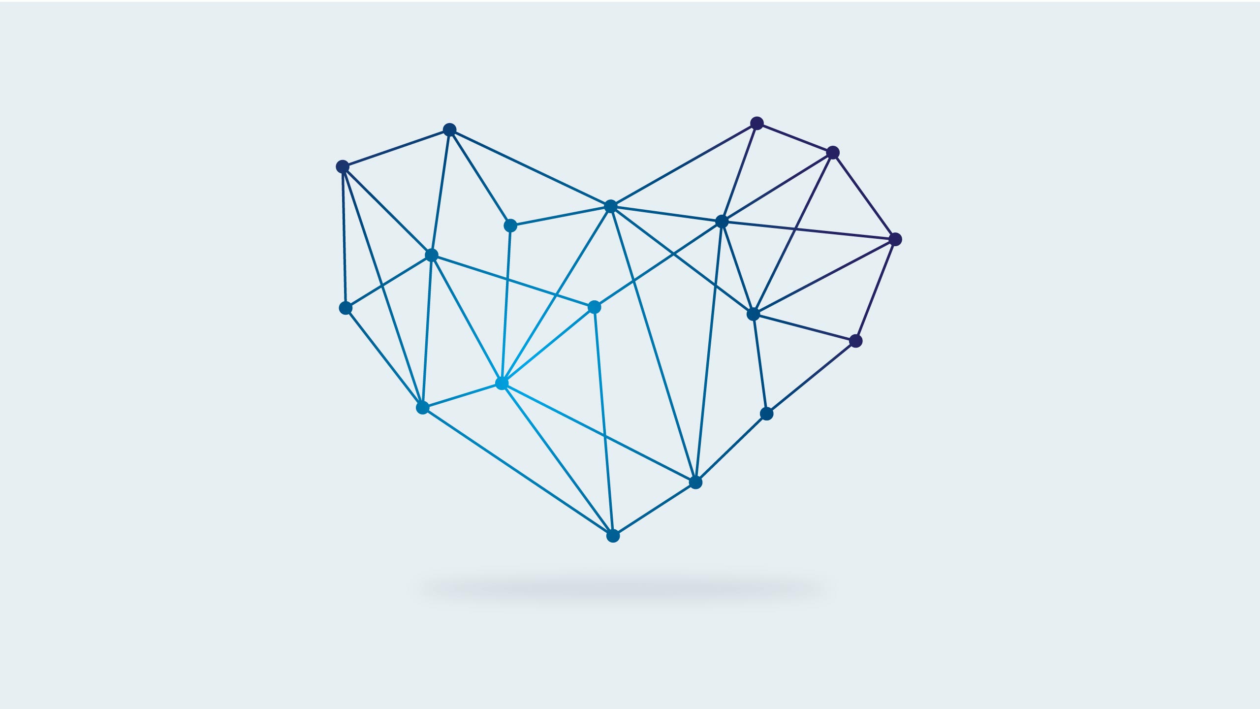 A modern, abstract heart shape formed by a web of blue geometric lines and dots, creating a network-like structure. The shades of blue gradually darken from left to right, giving a gradient effect. The heart appears to be floating against a light grey background.