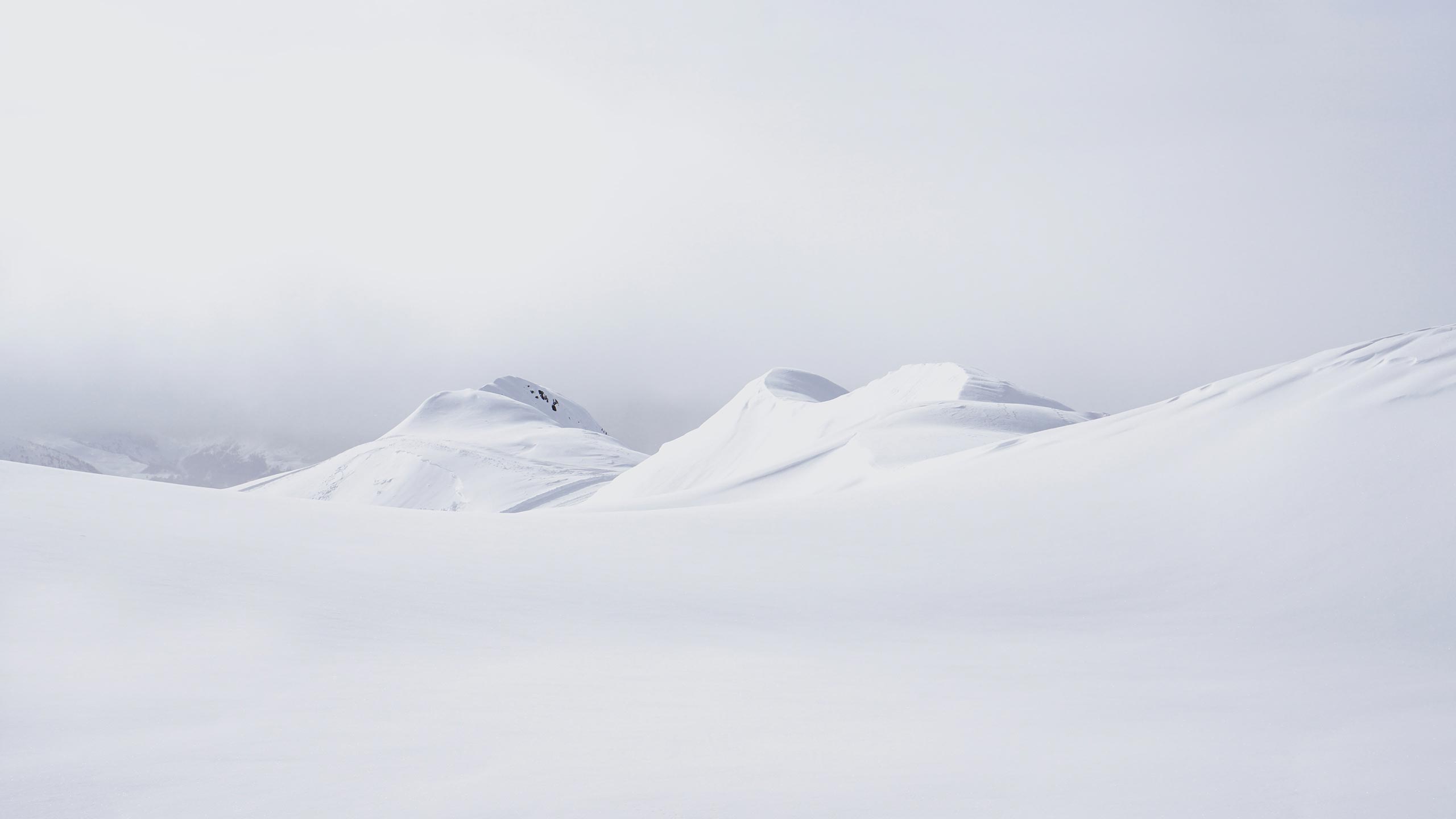 A serene, snow-covered mountainous landscape under a bright overcast sky. Smooth, undulating hills of fresh, undisturbed snow create a peaceful and pristine winter scene, with distant peaks barely visible through the fog.