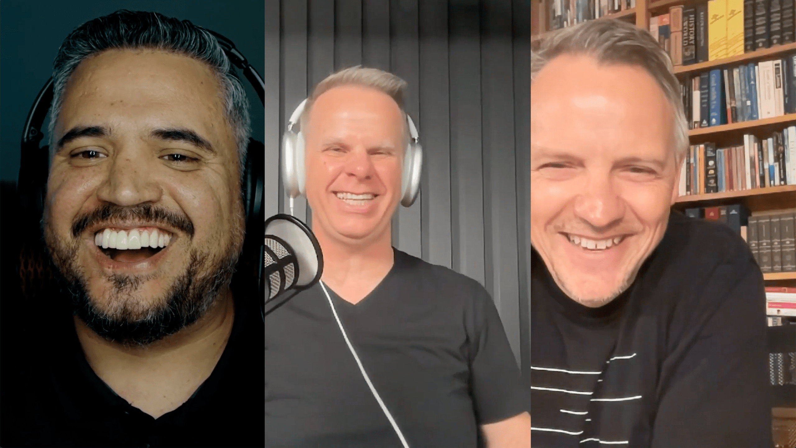 Three men are smiling and laughing in a split-screen view during a video call. The left man has a beard and wears a black shirt; the middle man wears headphones and a black shirt; the right man has light hair and a black shirt with white stripes, and books are visible behind him.