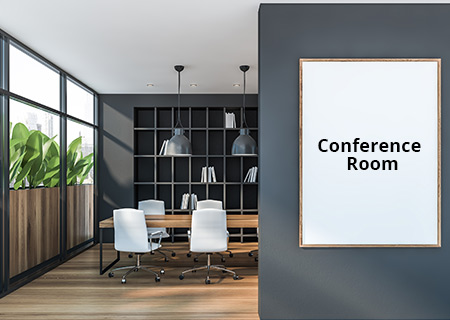 Picture This scene presents a glass window within a conference room that you can use to showcase your logos, icons, and other graphics with 3d and light effects. Conference Room Signs Lighthouse Sign Co