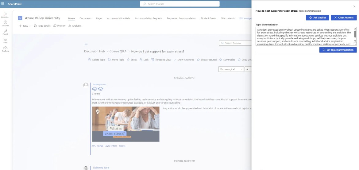 Microsoft 365 Copilot topic summarisation in a Social Squared SharePoint discussion