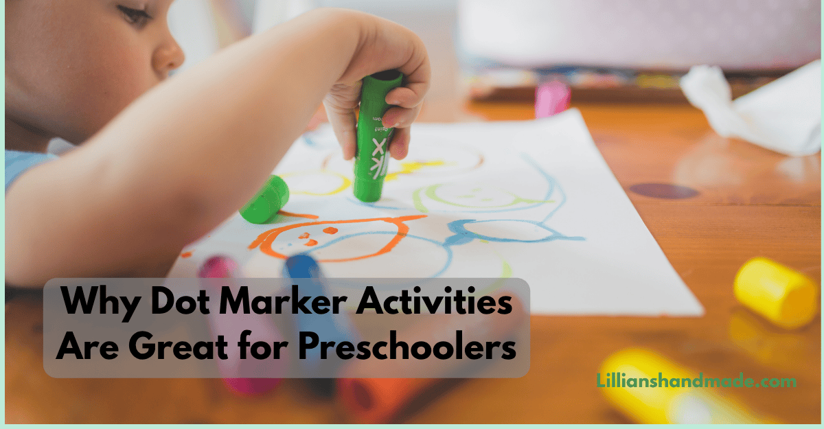 Preschool child using a green dot marker to complete a colorful dot marker activity, demonstrating fine motor practice and hands-on early learning.