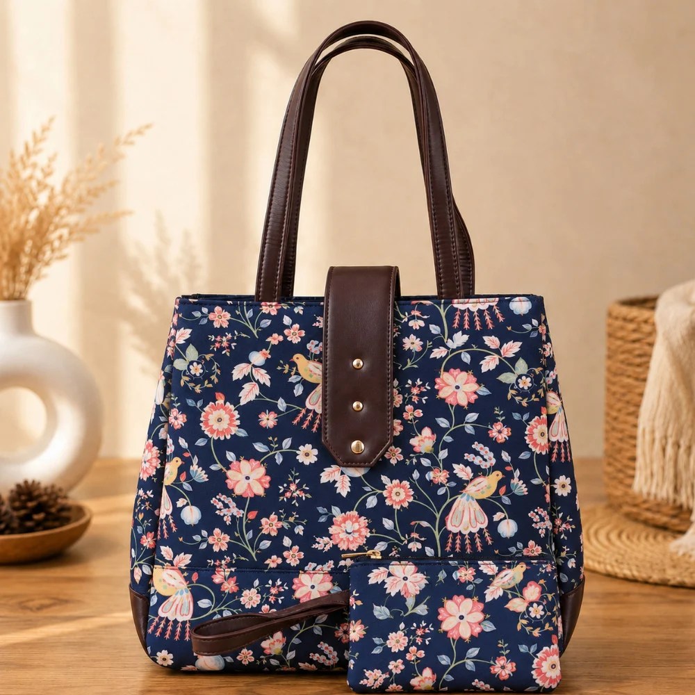 Kalamkari printed 3 zipper tote handbags