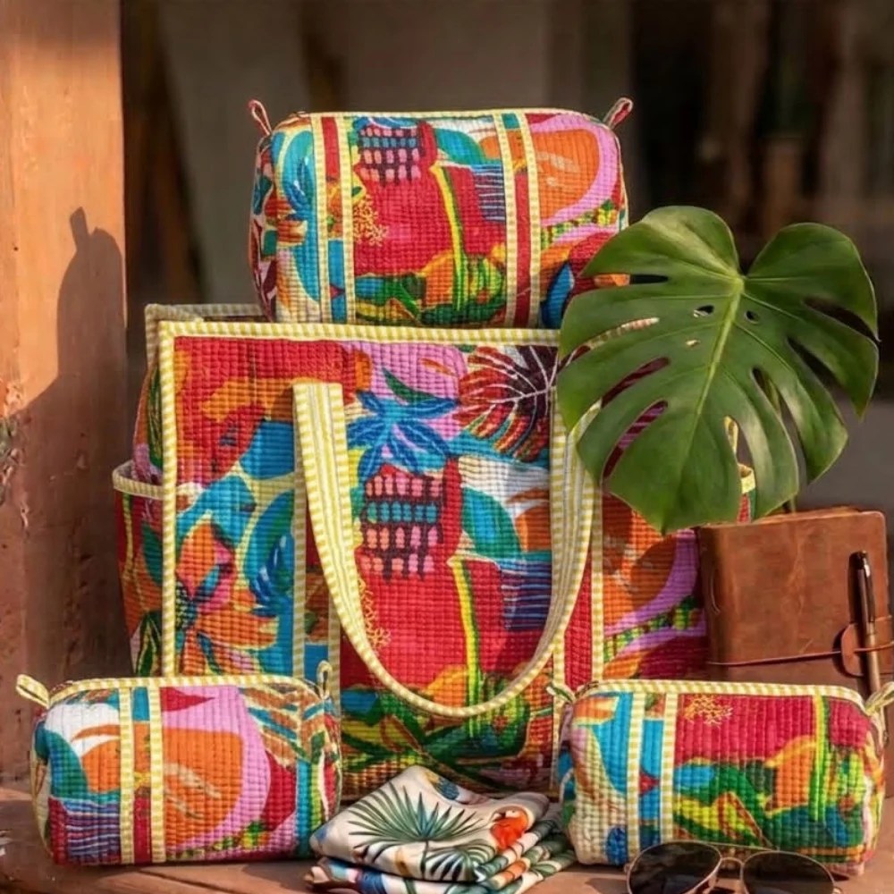 Quilted tote bag with watercan holder