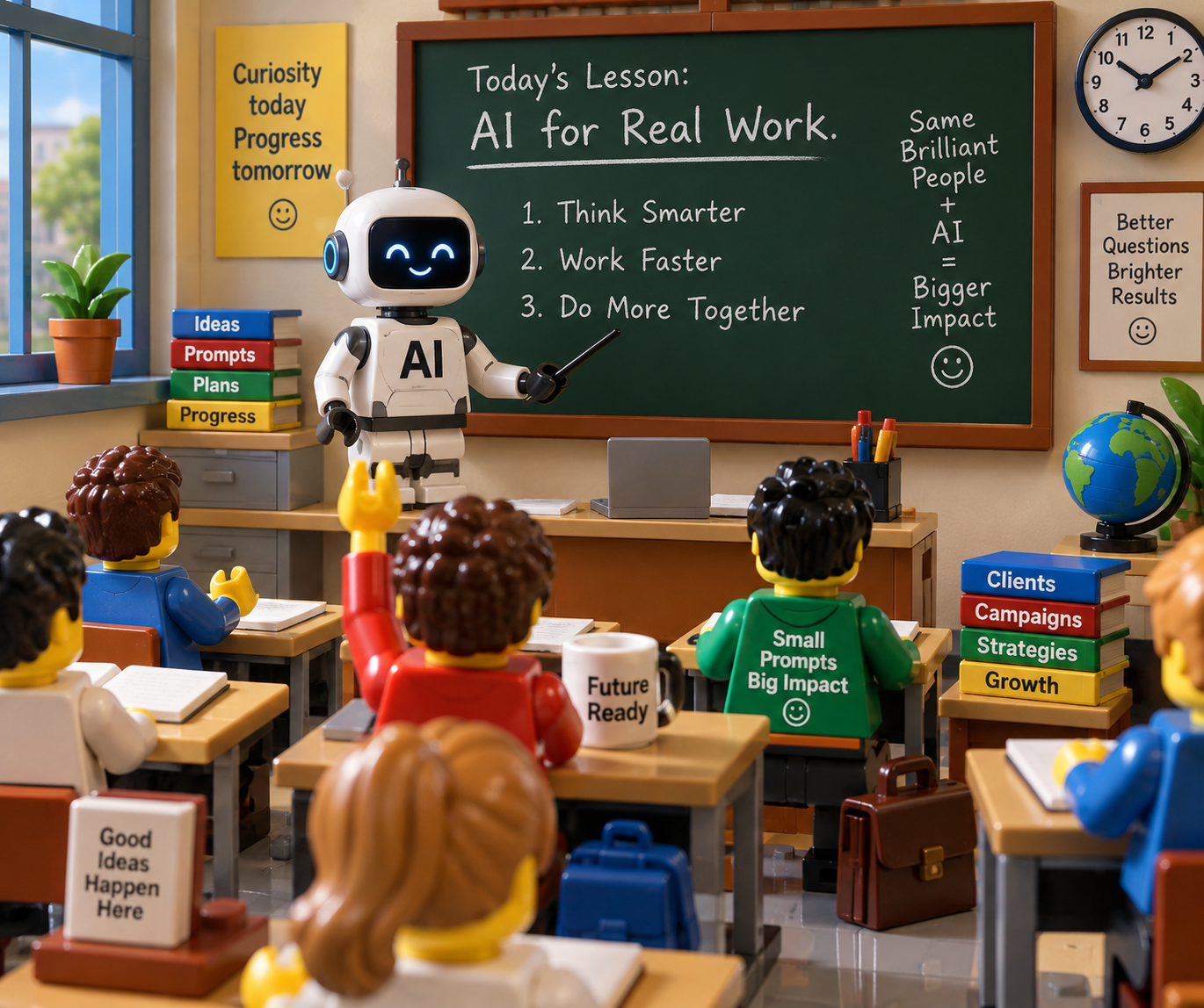 A LEGO representation of an AI robot teaching a returning school class