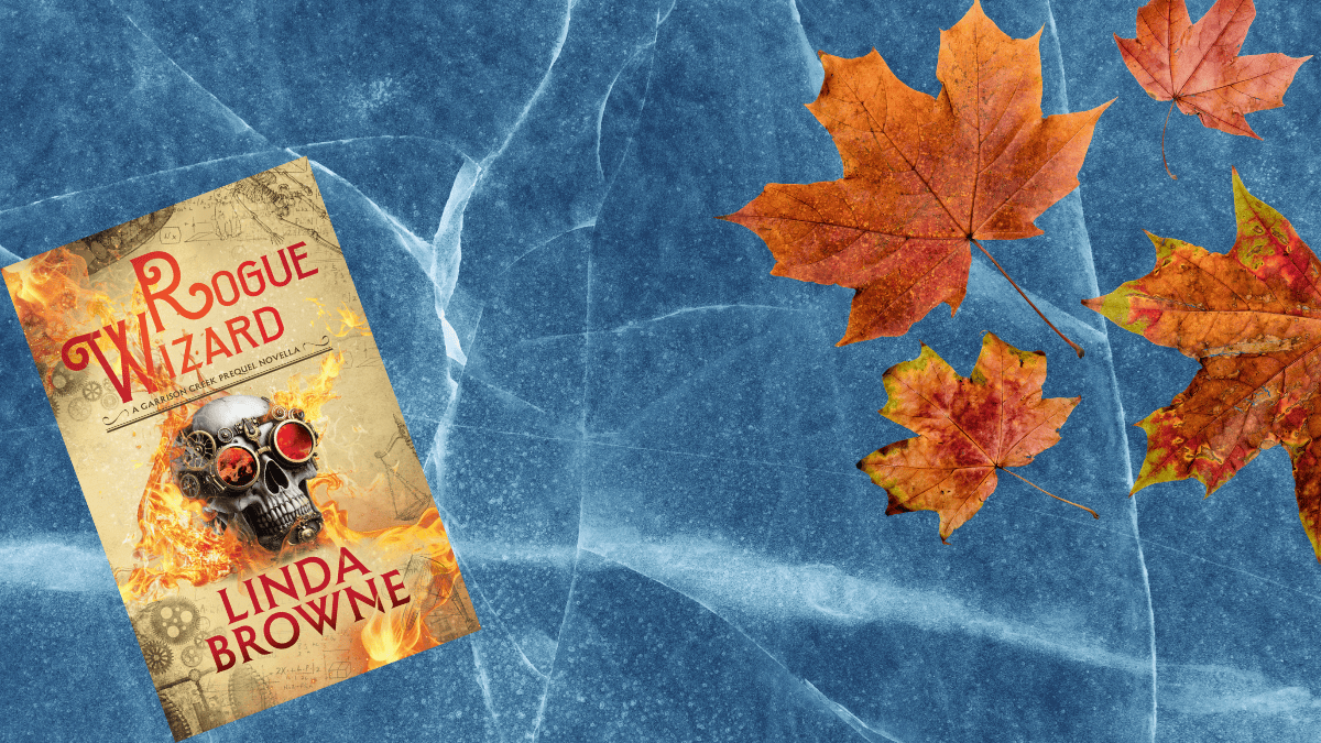 Website hero image showing Rogue Wizard book cover against a cracked, blue ice backdrop with red leaves.
