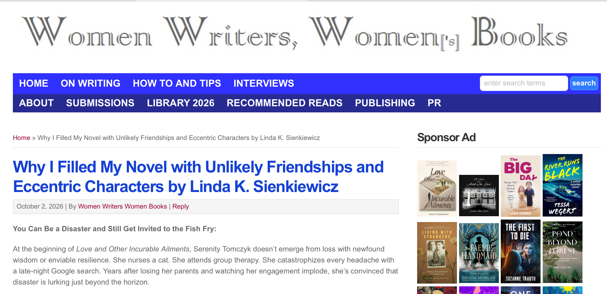 Header of Women Writer’s, Women’s Books website with article by Linda K Sienkiewicz
