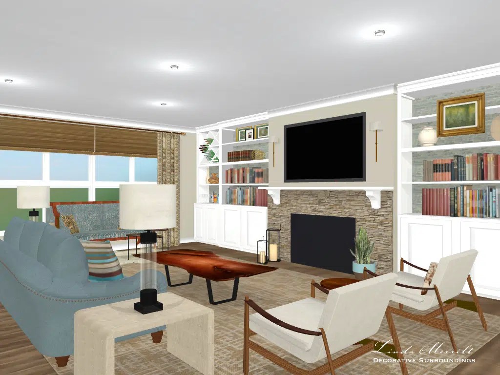 Linda Merrill Decorative Surroundings design: great room space, beige, blue, window treatments, digital rendering, built-ins