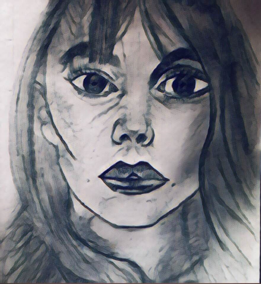 Monochrome ink portrait of a woman with wide, direct eyes and dark lips.
