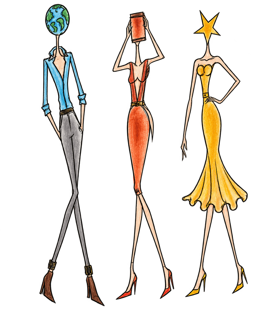 Three fashion figures with a globe, a box, and a star for heads, representing the astrological modalities: Cardinal, Fixed and Mutable.