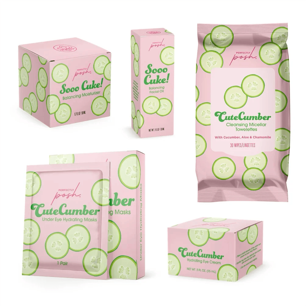 Cutecumber skincare collection from Perfectly Posh, including Cleansing Micellar Towelettes, Hydrating Eye Cream, and Under Eye Hydrating Masks, infused with cucumber, aloe vera, and chamomile for soothing, hydrating, and refreshing skin care