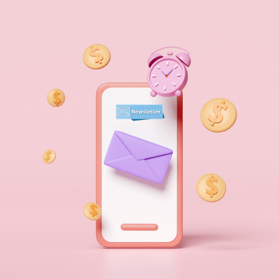 Smartphone affichant une enveloppe violette avec une alarme et des pièces dorées, symbolisant une newsletter couture dynamique et exclusive