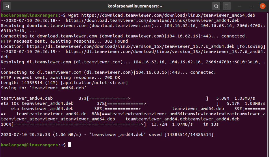 Downloading TeamViewer Package using Terminal in Ubuntu 20.04