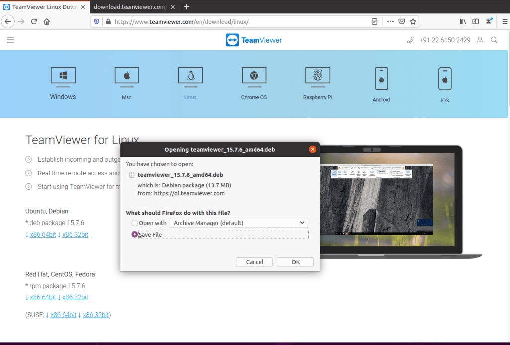 Downloading TeamViewer using Browser in Ubuntu 20.04