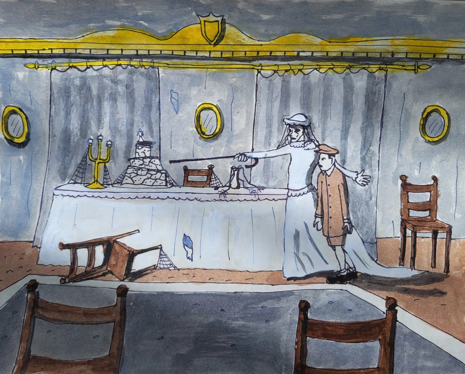 Stage illustration of a banquet on a theatre set: two costumed people at a long table with a cake and candles, audience chairs in front.