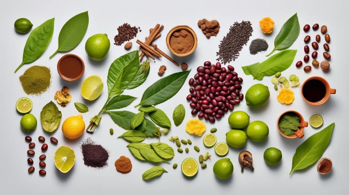 an assortment of leaves beans and powders