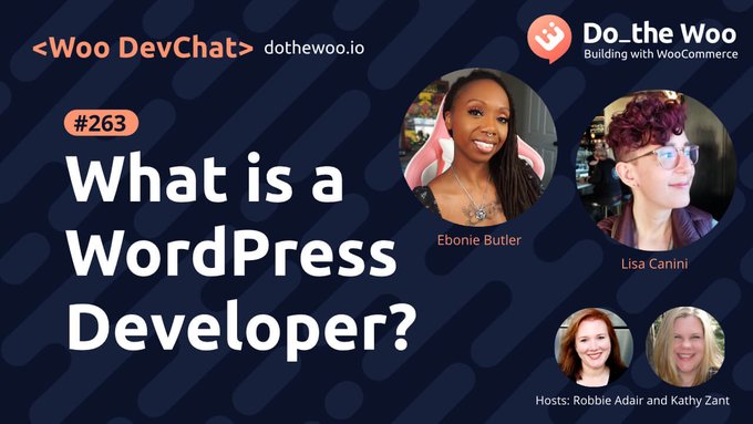 Do the Woo podcast banner. Text says "#263: What is a WordPress Developer?". There are avatar images of both guests and hosts.