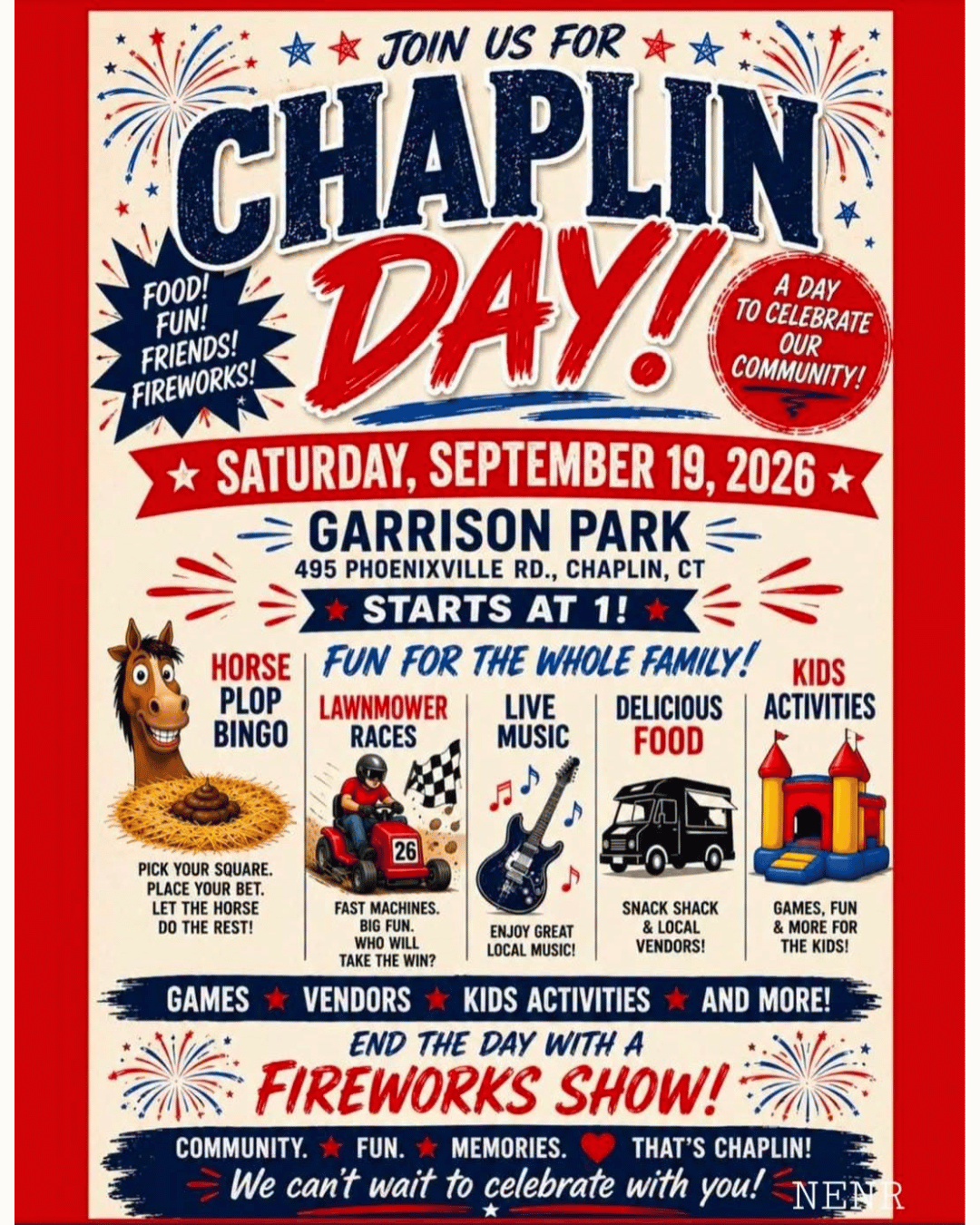 Chaplin Day poster in red white and blue with location, date, and time info