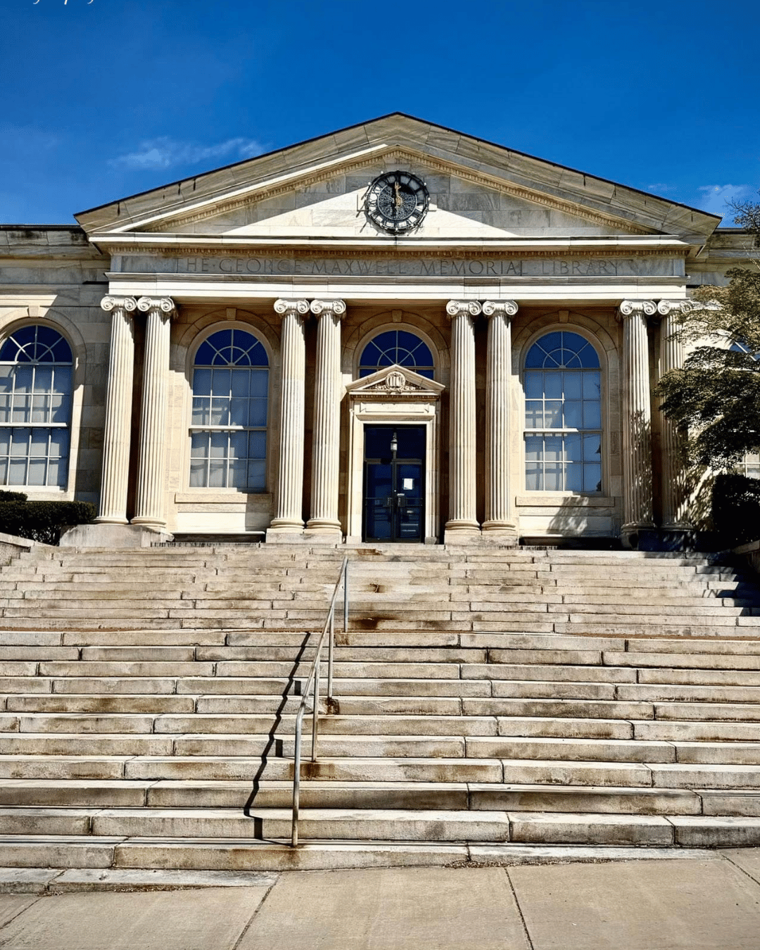 Front of Rockville Public Library. Wide granite stairs lead to 120 year old marble library. The local author fair will be indoors.