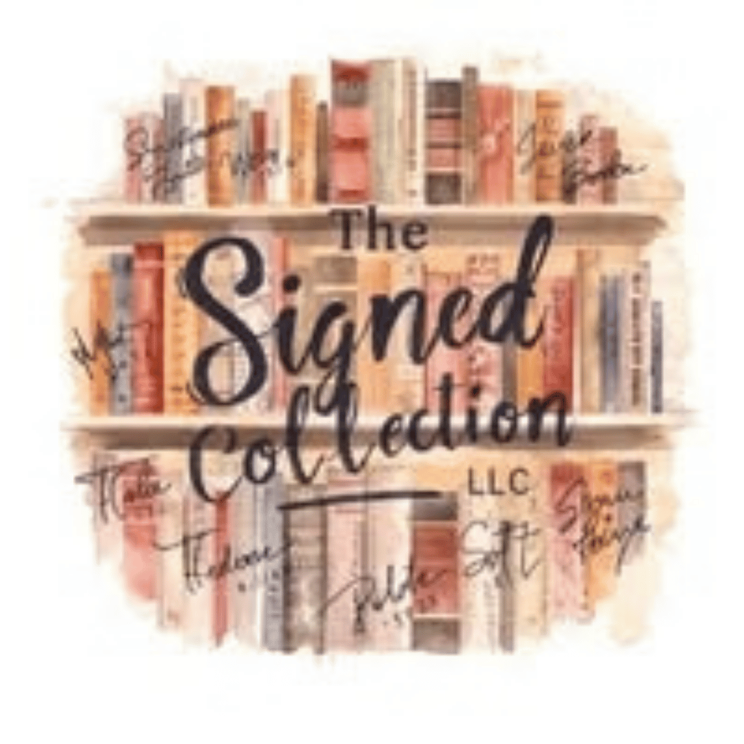 Watercolor bookshelf filled with books. The Signed Collection words overlay