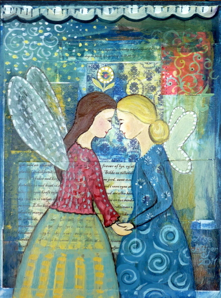 (SOLD) Old friends” Acrylic and paper on canvas, 30 x 40 cm.