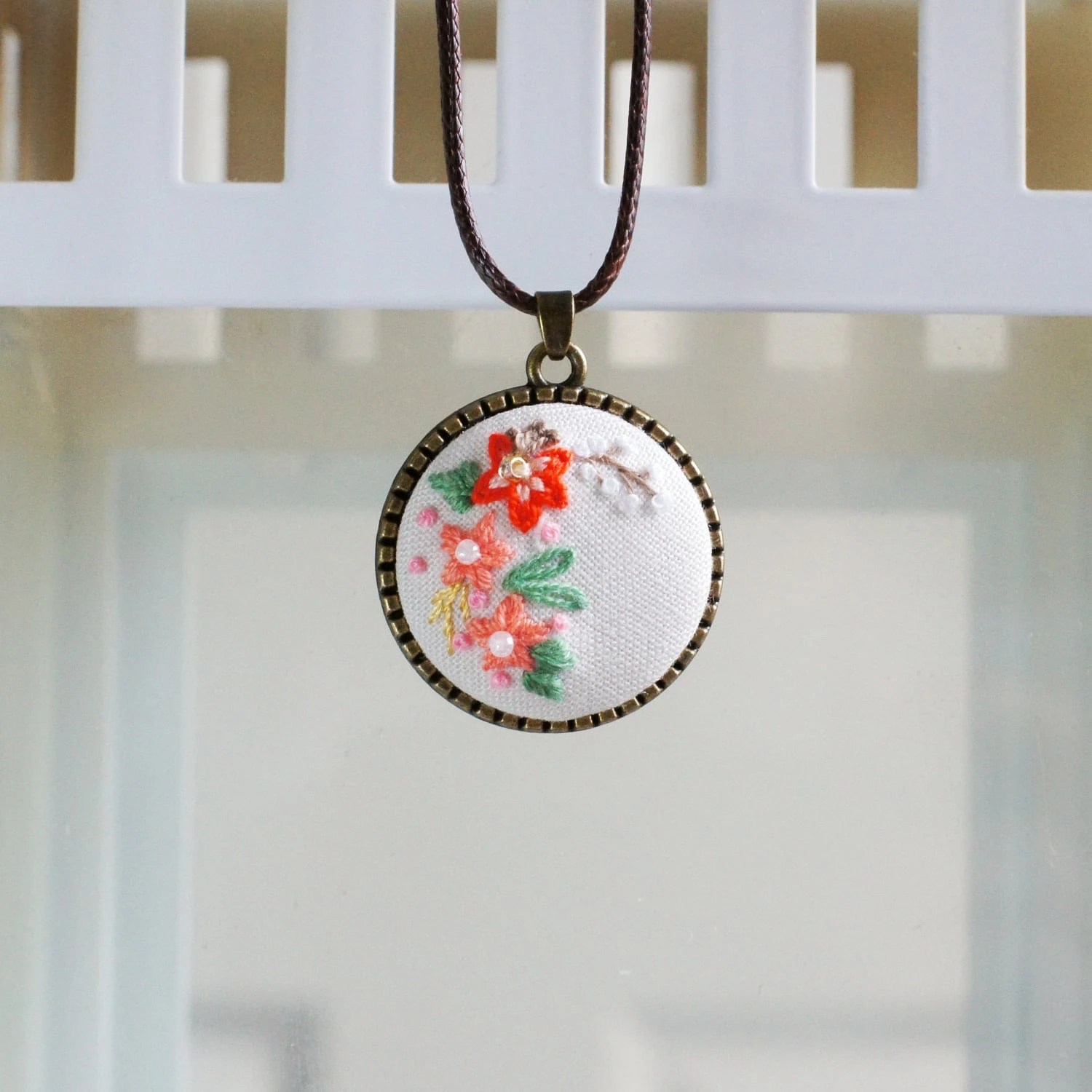 embroidery pendant orange flowers