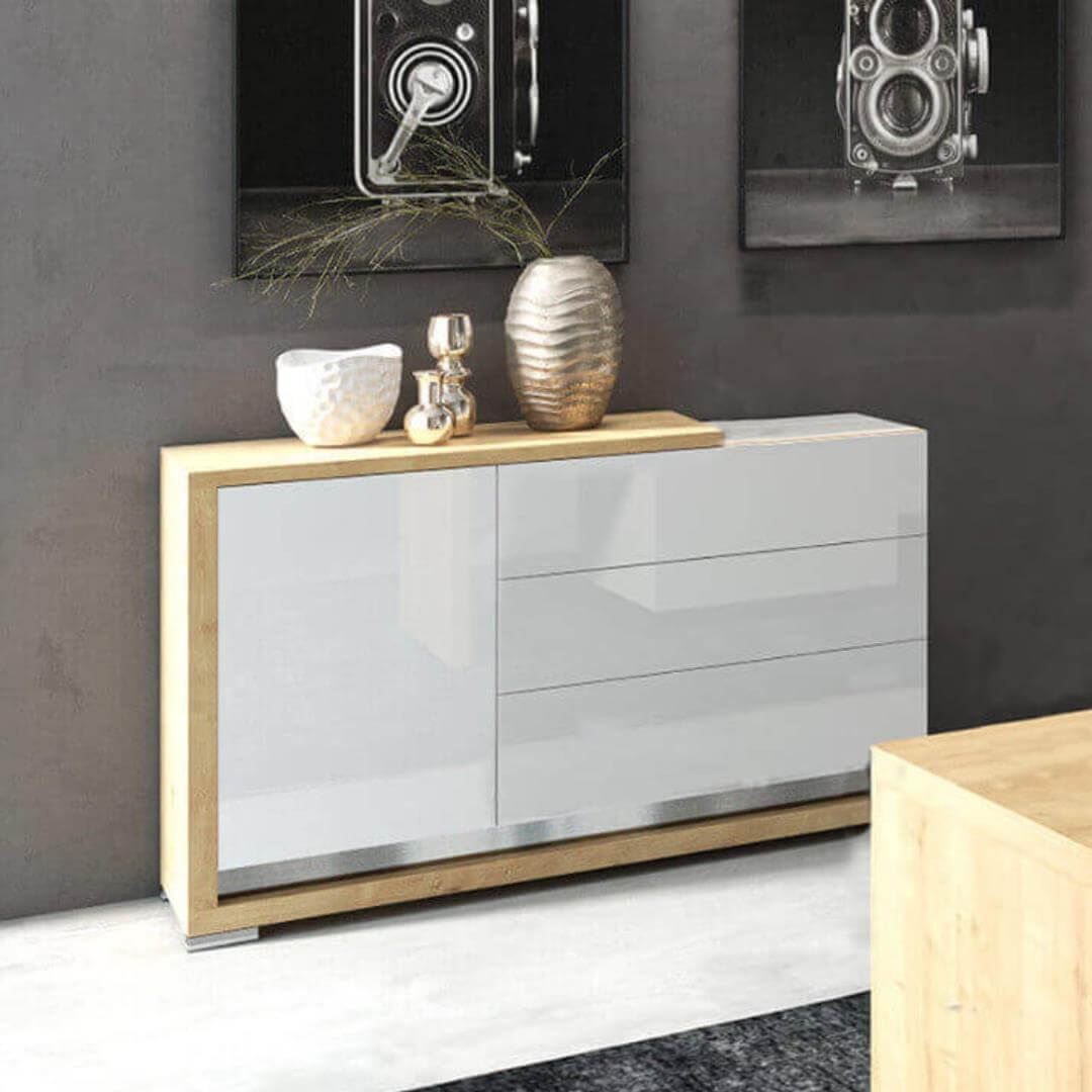 Komoda 155 cm dąb naturalny + biały połysk PORTO STANDARD