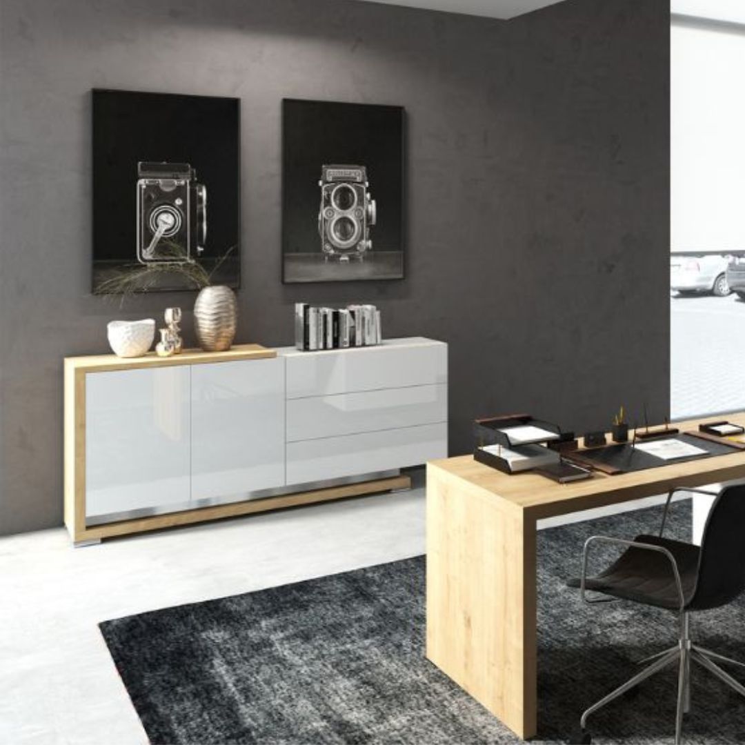 Komoda 205 cm dąb naturalny + biały połysk PORTO STANDARD