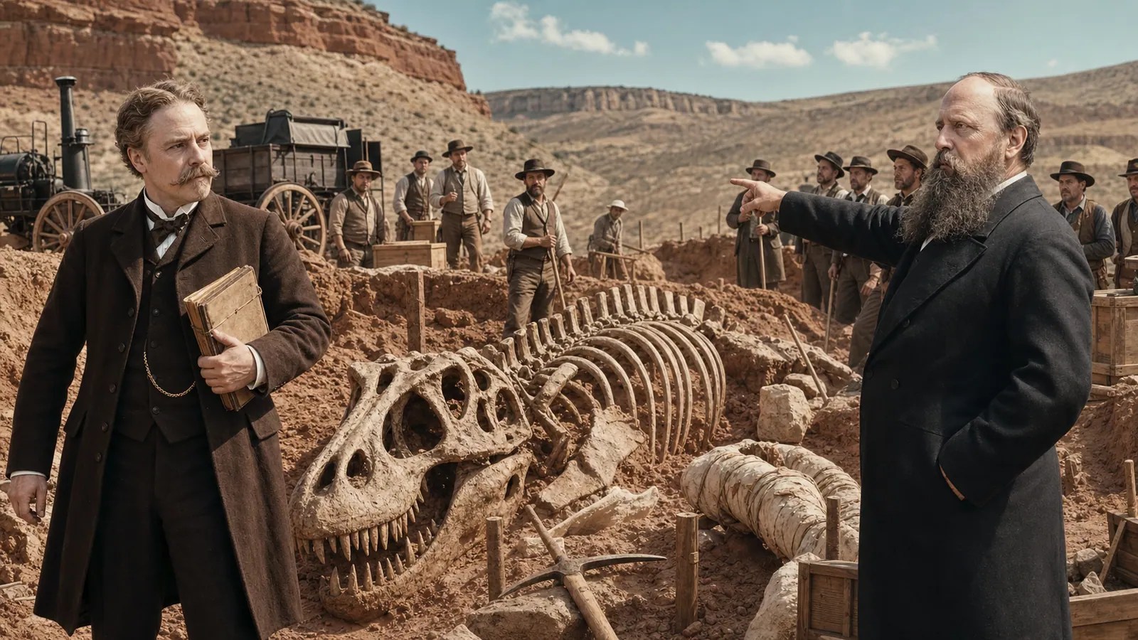 Edward Drinker Cope and Othniel Charles Marsh confront each other beside a newly uncovered dinosaur skeleton in a Western fossil quarry.