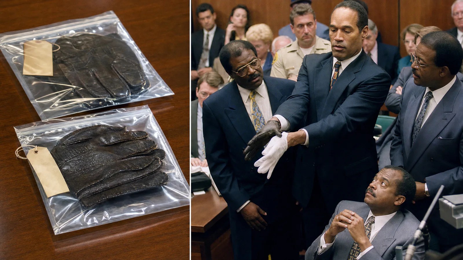 Evidence gloves beside a courtroom reconstruction of O.J. Simpson attempting to put on a leather glove during his trial.