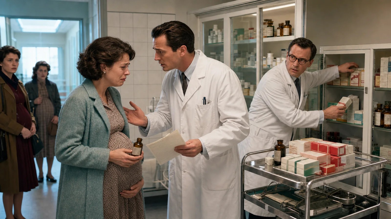 Distraught pregnant woman being warned about thalidomide as a pharmacist removes the drug from circulation.